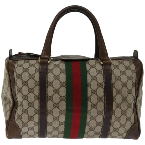 GUCCI GG Supreme Web Sherry Line Hand Bag PVC Beige Red Green Auth 67336 - Picture 2 of 16